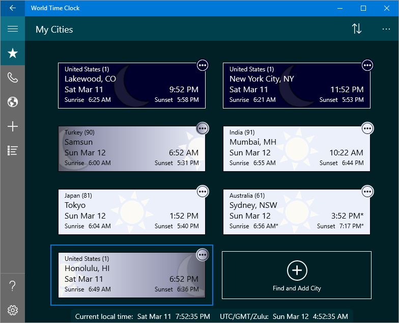 World Time Clock showing selected favorite places.